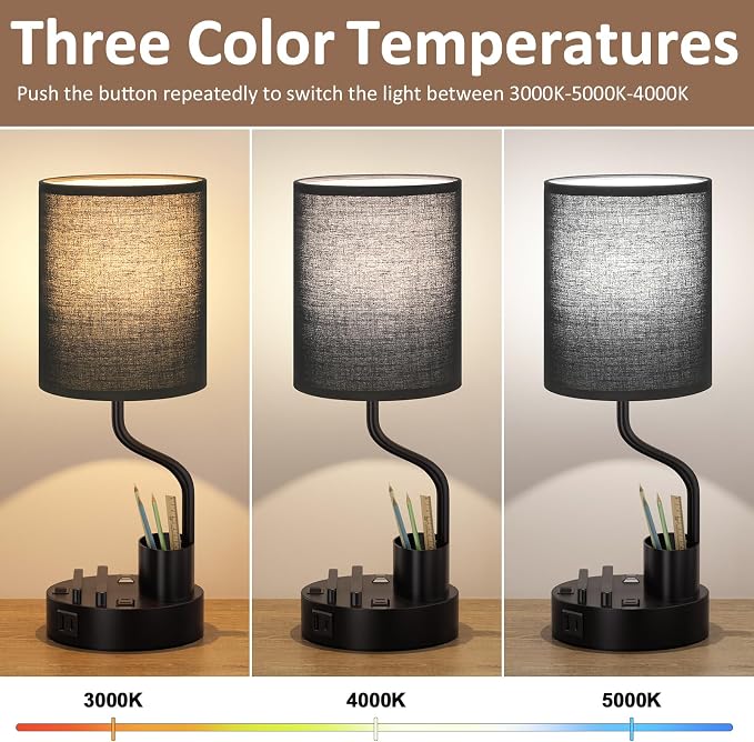 Black Bedside Table Lamps for Bedroom Set of 2 - Nightstand Light with AC Outlet and USB A & C for Charging, 3 Color Temperatures Desk Lamp with Pen Holder & Phone Stand for Living Room/Dorm/Office
