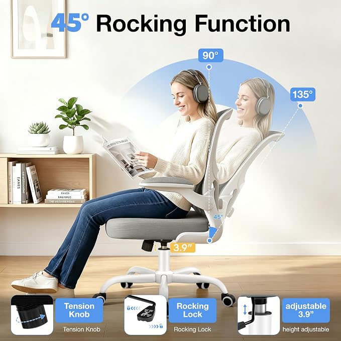 ALLGOD Ergonomic Office Chair, Breathable Mesh Ergonomic Desk Chair with Adjustable Lumbar Support, Flip-up Armrests, Computer Chairs Comfortable for Home, Office, Work, 300lbs, LightGray, Upgrade