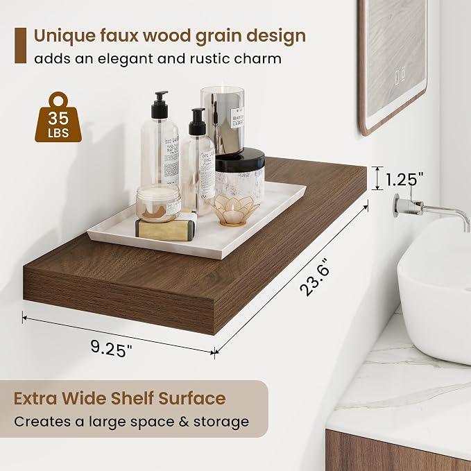 24in Floating Shelves for Wall, 24"W x 9.25"D x 1.25"H, 2 Pack Long Wall Mounted Engineered Wood Shelves with Invisible Brackets for Living Room, Bedroom, Bathroom, Kitchen Decor and Storage, Walnut