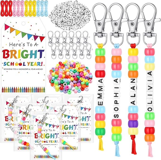 Suncalla 984 Pcs 24 Set Back to School DIY Bead Keychain Making Kit Key Chain Crafts Adjustable Letter Beads Cards Strings Kit Welcome First Day Gift Jewelry Making Supplies Party Favors