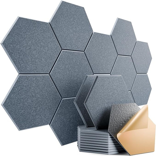 12 Pack Self-Adhesive Acoustic Panels 12" X 10" X 0.4" - Sound Proof Foam Wall Panels with High Density, Hexagonal Design, Flame Resistant, Absorb Noise and Eliminate Echoes(Gray)