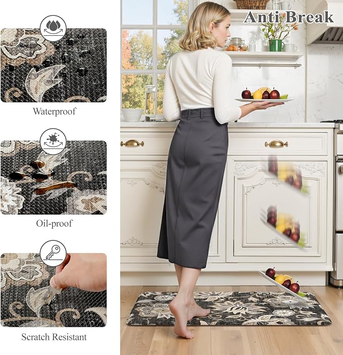 LEEVAN Anti Fatigue Kitchen Mats for Floor, Cushioned Kitchen Mat Set 2PCS | 20"x31"+20"x47", Boho Floral Black Kitchen Rugs Non-Slip Comfort, Waterproof Ergonomic Standing Mat for Laundry, Office, Sink