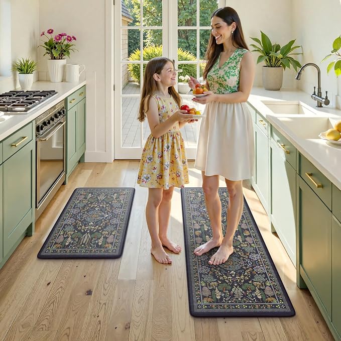 KIMODE Anti Fatigue Kitchen Mats for Floor 17"x47"+17"x29", Dark Blue Vibrant Floral Kitchen Rugs, Non Slip Waterproof Kitchen Floor Mats, Comfort Standing Mats for Laundry Office Sink Desk