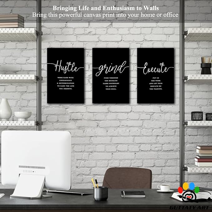 Office Wall Art - 3 Panel Motivational Canvas With Inspirational Quotes for Home Office Decor, Positive Entrepreneur Words Poster Frame for Company 12"x24"x3Pcs