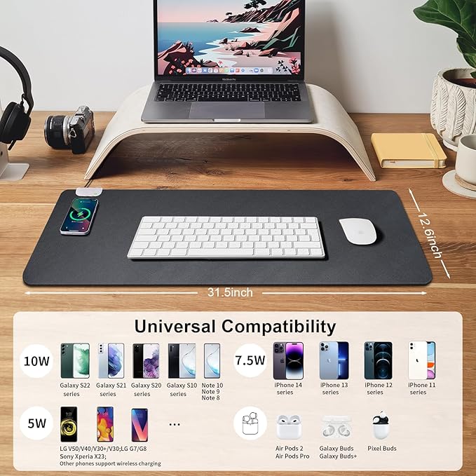 Large Desk Pad with Wireless Charger, Dual Side PU Leather Desk Mat on Top of Desks, Black Mouse Pad Desk Protector Mat, Waterproof Keyboard Mouse Mat for Gaming Computer Desktop Cover 31.5"x12.6"