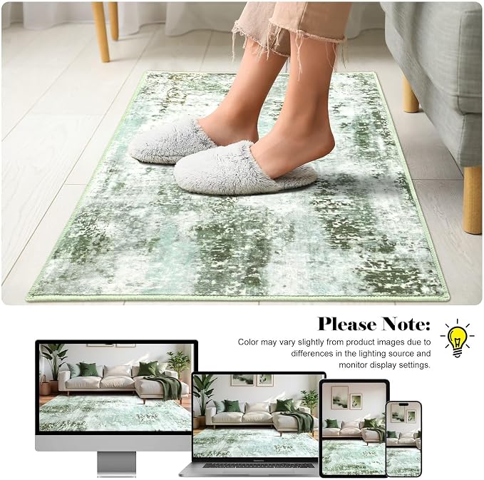 Macgace Washable Abstract Rug, 2x3 Small Modern Area Rugs with Non-Slip Rubber Backed for Kitchen, Thin but Soft Throw Carpet Bedroom Entryway Front Door Decor, Green