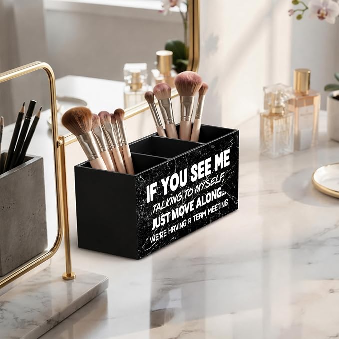 Funny Office Pen Holder for Desk, If You See Me Talking to Myself Team Meeting Black and White Pencil Organizer Wooden Box Sign for Office Workplace Home Decoration
