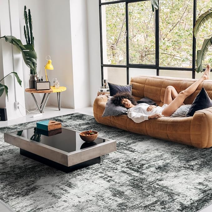 RUUGME 10X14 Abstract Area Rug:Large Washable Living Room Rug Indoor Non Slip Low Pile Carpet for Bedroom Soft Foldable Stain Resistant Distressed Thin Rug for Dining Room Kitchen 10X14 Black A