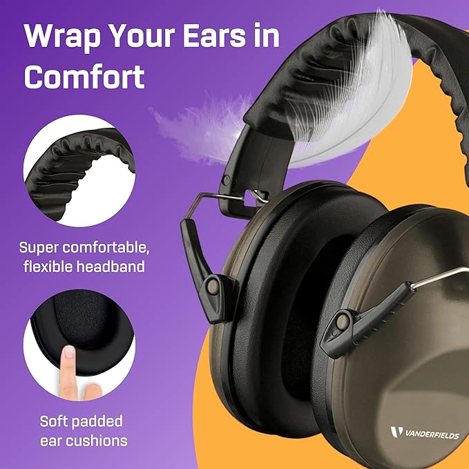 Vanderfields - Hearing Protection Ear Muffs - Over 33 dB (2K Hz) Broad Noise Cancelling Sound Reduction - Adults & Teens