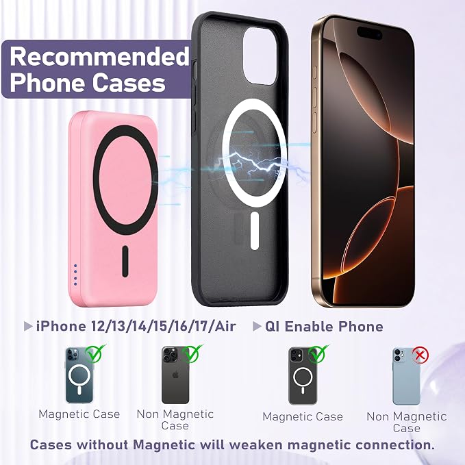 Smtcsl 3 in 1 Wireless Charging Station: 5000mAh Removable Power Bank Charger Stand for Phone/Watch/Air Pods - Portable Magnetic Battery Pack for Air 17 16 15 14 13 12 Series Pink