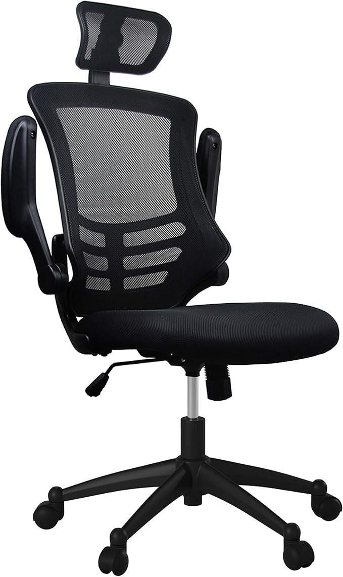 Techni Mobili High-Back Mesh Office Chair with Headrest, Recline, Black | Executive mesh office chair, adjustable headrest, flip-up arms, recline control, height adjustable, swivel chair, ergonomic