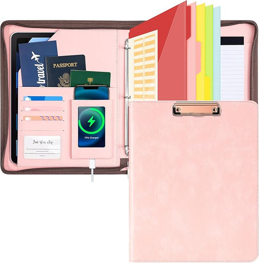 Ospelelf Zippered Padfolio Organizer, Faux Leather 3 Ring Binder with Clipboard, Letter Size Business Portfolio with Notepad, Tablet Sleeve & Phone Pockets for Office Work Pink