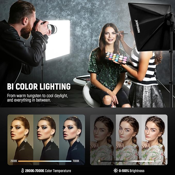 NEEWER 2Pcs 24"x24" 900W Equivalent Softbox Lighting Kit with Tripod Stands, 45W Bi Color 2.4G LED Bulbs, Remote, 10 Channels 2900K-7000K 1400lx/m CRI95, Photography Continuous Lighting Kit, NK103