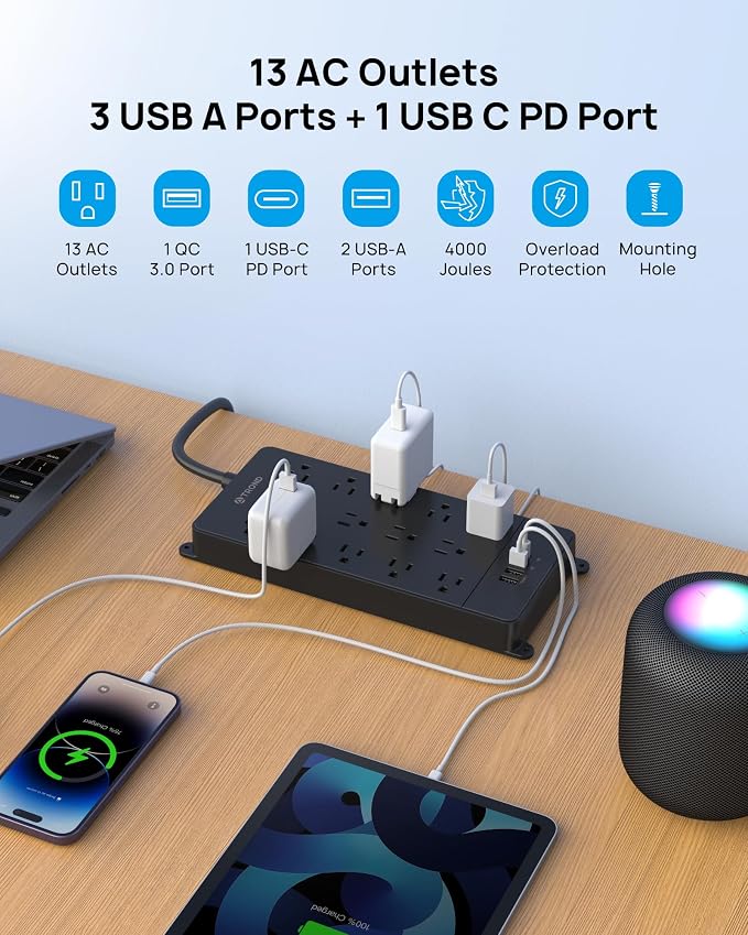 TROND Surge Protector Power Strip, 10ft Heavy Duty Extension Cord with 32W USB C & QC 3.0 Charger, 4000J, ETL Listed, 13 Wide Spaced Outlets, Flat Plug, Wall Mount for Home Office Supplies, Black