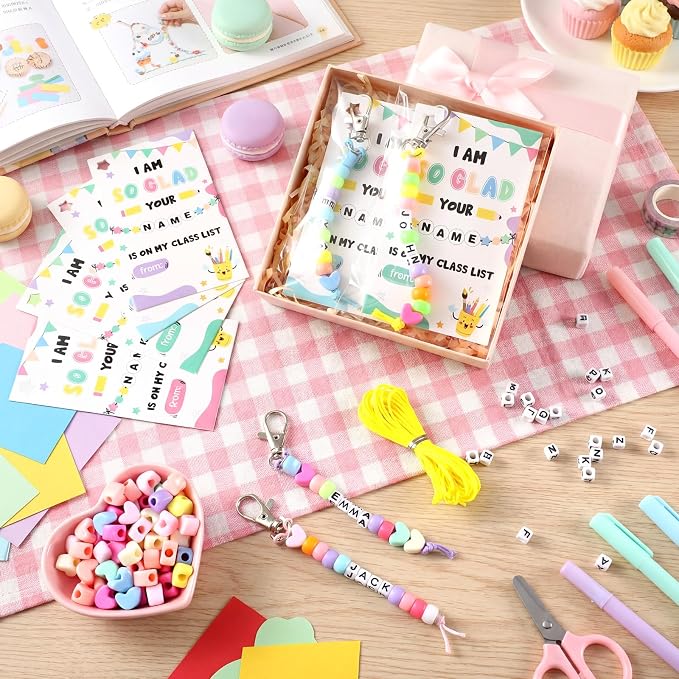 Cunno 1446 Pcs 36 Set Back to School DIY Bead Keychain Making Kit Key Chain Crafts Alphabet Bead Jewelry Key Ring Welcome First Day of School Gift Swaps Graduation Party Favors(Modern Pastel)