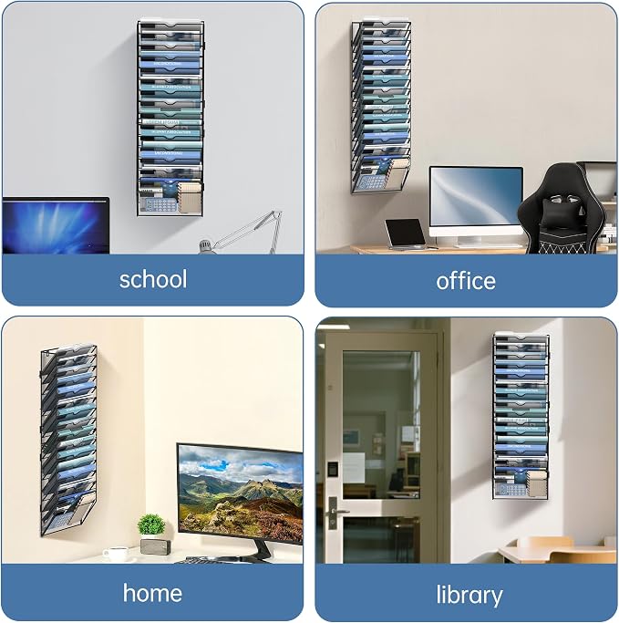16 Tier Wall Hanging File Organizer, Paper Folder Holder Wall Mounted, Metal Mail Sorter for Office Home School, Black