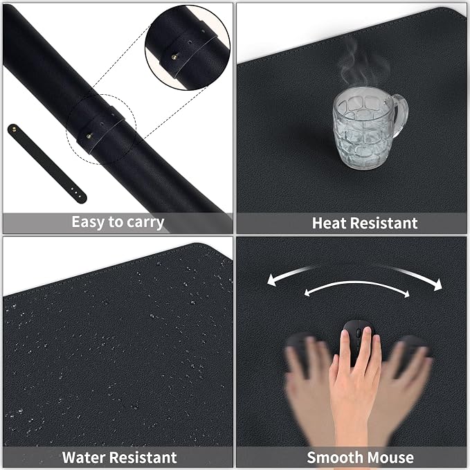 Bleswin Multifunctional Large Desk Mat, Double Sided Computer Desk pad, Extended Mouse Mat, Office Desk Protector with Waterproof PU Leather, 35.4''×16.9'', Office Home Writing Pad (Black+Black)