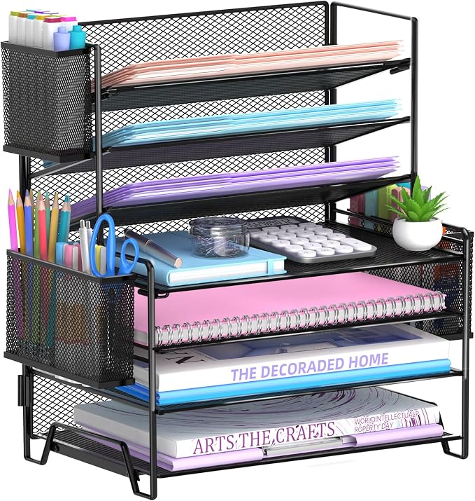 7-Tier Desk Organizer with 3 Pen Holders, Metal Letter Tray, Black | Metal Mesh File Organizer with 3 Side Holders for Paper, Notes, Pens and Office Supplies at Home, School or In the Classroom