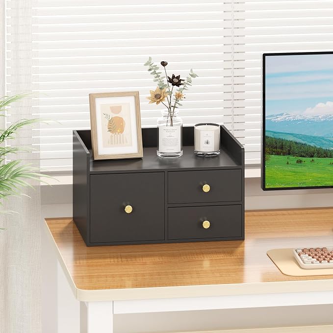 Bamboo Desk Organizer with Drawers,Wooden Desktop Storage (Black,3 Drawers) | 100% Bamboo 3 Pull-Out Drawers No Assembly Required Space-Saving Design
