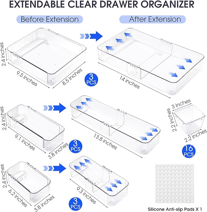 Aneco 25 Pieces Extendable Clear Drawer Organizer Adjustable Vanity Storage Box 4-Size Desk Drawer Divider Acrylic Storage Bins for Makeup, Cosmetic, Jewelries, Bedroom Kitchen Utensils Gadgets