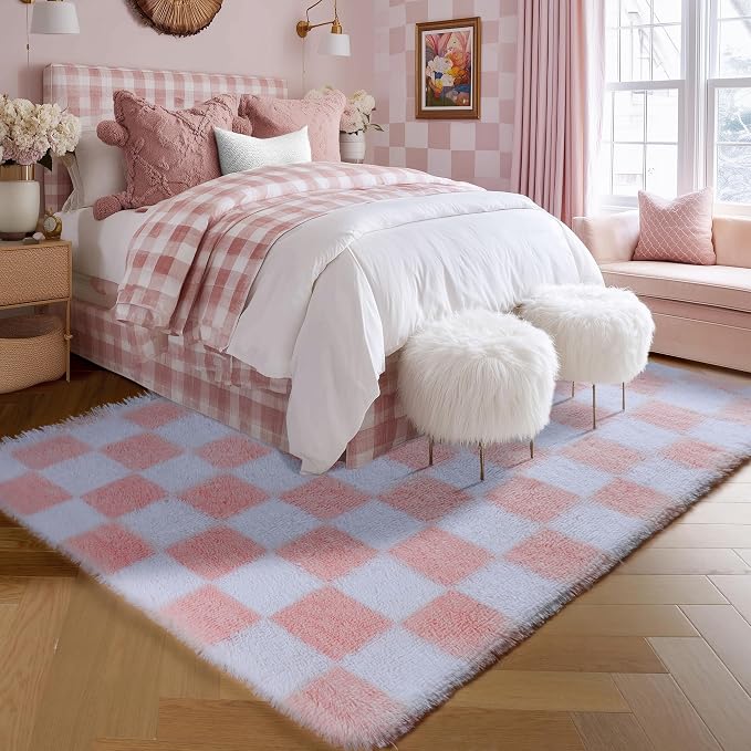 KICMOR Light Pink and White Rugs for Bedroom Girls, 4x6 Fluffy Fuzzy Checkered Shag Area Rug Shaggy Bedside Carpet, Soft Plush Cute Rug for Toddler Kids Baby Nursery Teen Dorm Living Room Home Decor