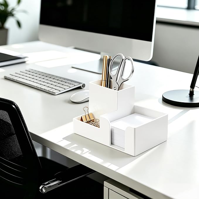 HBlife Acrylic Pen Holder for Desk, 3-Compartment Small Desk Organizer, White Office Supplies Desk Accessories with Sticky Notes Holder Stores Post It Notes 3X3 for Office, Home and School