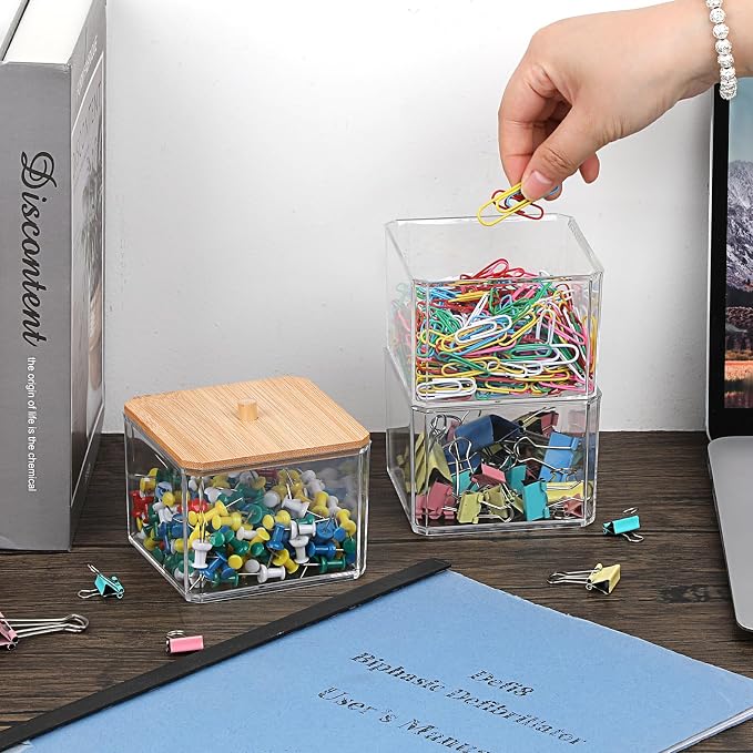 BTSKY Clear Stackable Paper Clip Holder with Bamboo Lid 3-Layer Paperclip Box Thick Acrylic Office Supply Accessory Organizer Square Small Storage Holder Cute Qtip Holder for Office Bathroom Vanity