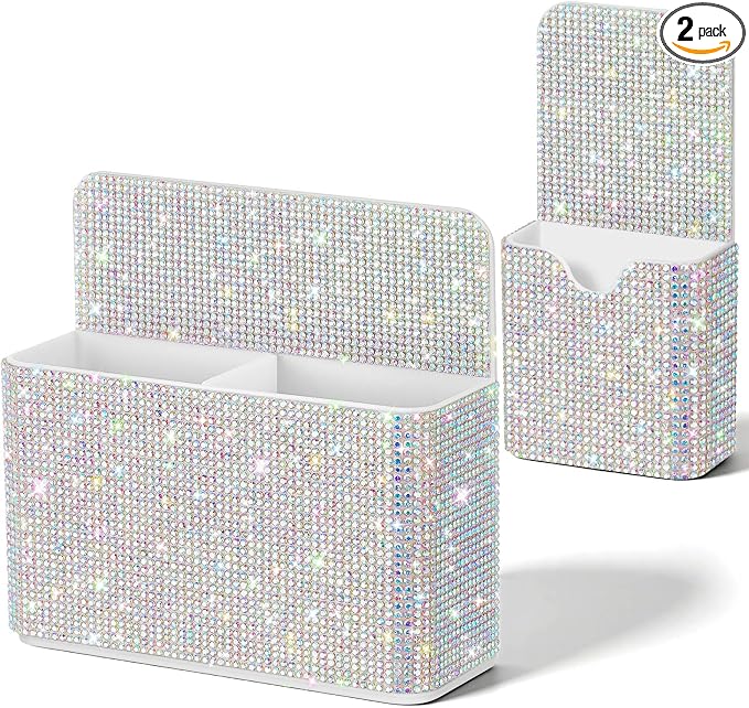 MotiMind 2 Pcs AB Color Bling Magnetic Marker Holder Women Girl Locker Accessories Marker Pen Pencil Holder for Refrigerator Whiteboard Sparkly Gift Desk Organizer for School Office (Rhinestone)
