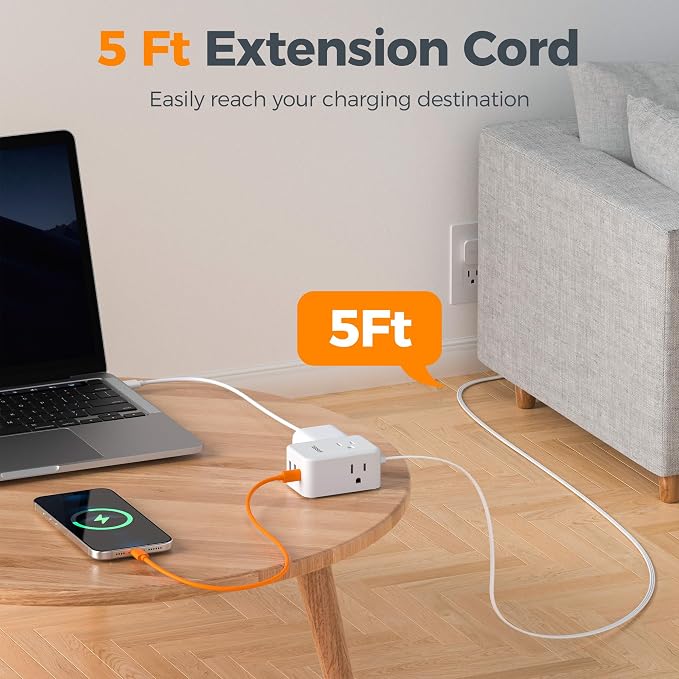 TESSAN Small Flat Plug Power Strip, Ultra Thin Extension Cord 5 ft, 3 AC Outlets with 3 USB Ports (1 USB C), Multiple Wall Outlet Extender for Cruise Travel Office School Dorm Room Essentials, White