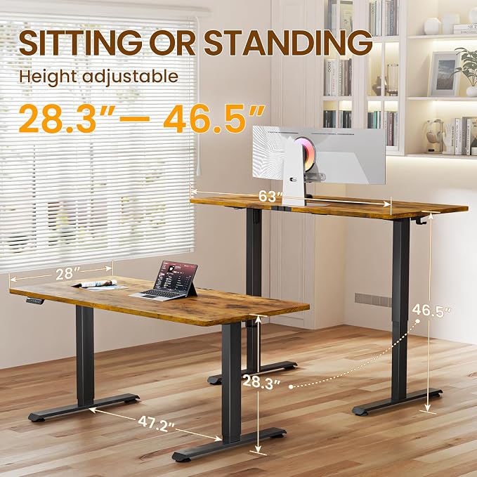 Veken 63" x 28" Super Large Standing Desk, Height Adjustable Electric Computer Desk, Sit to Stand Up, Modern Workstation for Home Office, Walking Pad, Writing, Gaming Bedroom Study, Brown