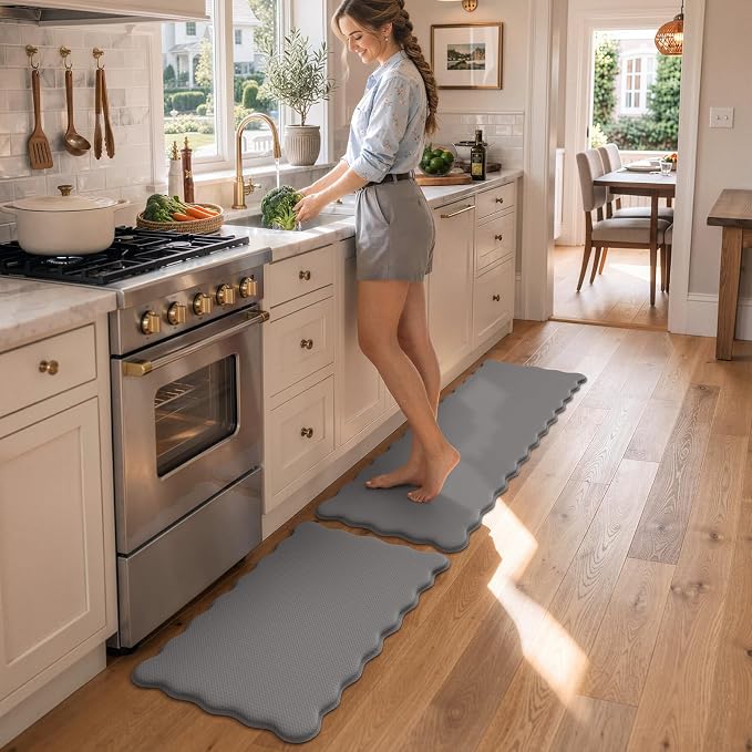 KIMODE Anti Fatigue Kitchen Mats for Kitchen Floor,Scalloped Kitchen Rugs Sets of 2 Non Slip,Cushioned Padded Memory Foam Kitchen Floor Mat Carpet for Office Laundry Sink,Grey