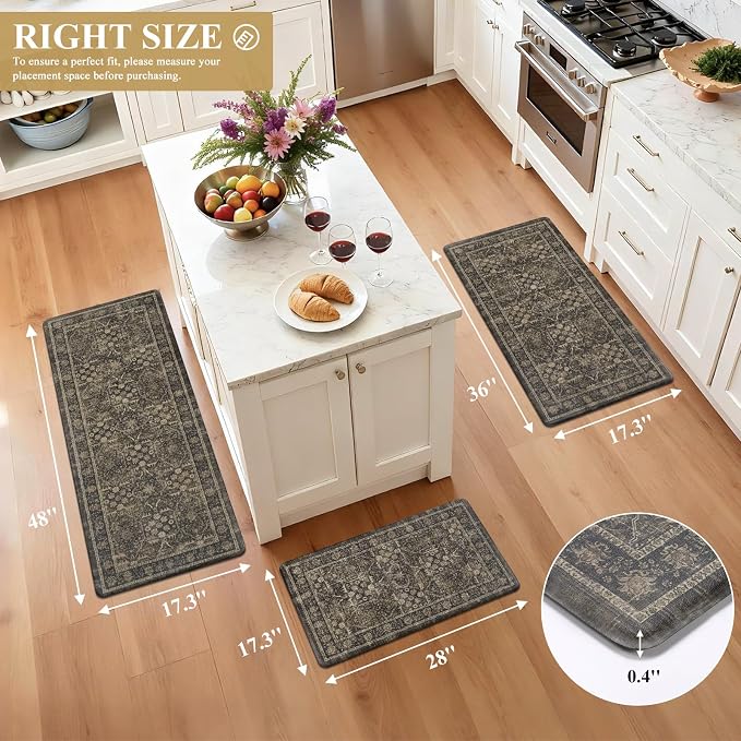 Pauwer Anti Fatigue Kitchen Floor Mats Set of 3, Cushioned Rugs, Taupe | Non Slip Comfort Standing Mat, PVC Foam Padded Kitchen Rugs, Waterproof Sink Rug for Small Kitchen Area, Laundry Room