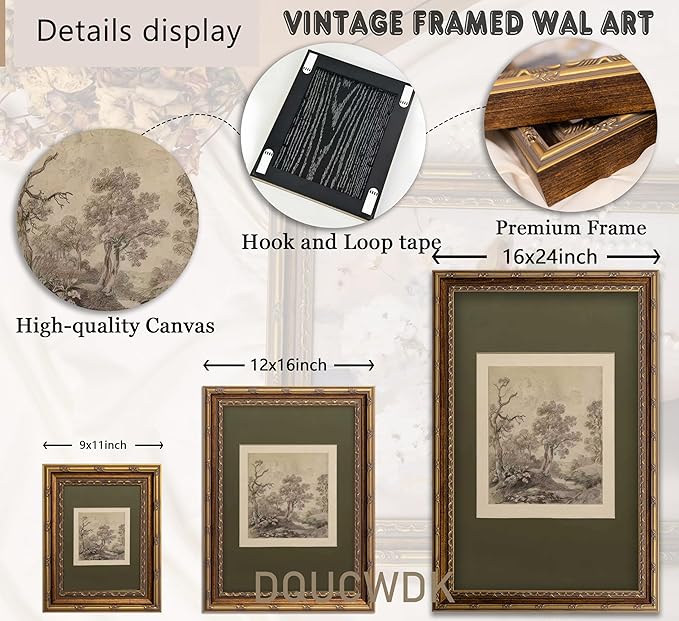 Vintage Gold Framed Wall Art Tree Forest Landscape Painting Canvas Prints Green Gray Tree Natural Sketch Picture Rustic Farmhouse Poster Artwork for Living Room Bedroom Bathroom, 16x24in