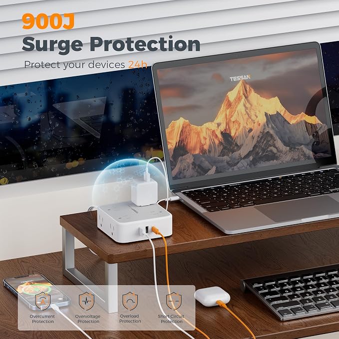 TESSAN Surge Protector Power Strip, 25 Ft Flat Plug Extension Cord with 3 USB (1 USB C 20W PD) 8 Outlets, 1250W, 900J Protection, 3 Sided Outlet Extender with Power Switch for Office, Dorm Room, Grey