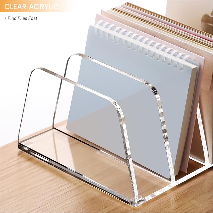YUXUN Acrylic File Sorter,6.9"x6.6"x3.74",4 Sections Vertical Desk Organizer,Clear Mail Organizer File Holder Stand Rack Desk Accessories for Mail,Envelope,Letter,Notebook for Home/Office/Classroom