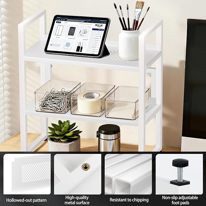 Brakki Desk Shelf Organizer, 2-Tier Desktop Bookshelf, Small Office Shelf | Adjustable Shelf, Metal Desktop Rack for Dorm, with Foot Mat, Multi-Functional Organization, White