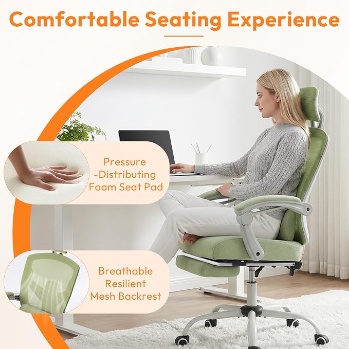 Home Office Desk Chair, Comfortable Mesh Chair with Foot Rest, Light Green | Reclining Gaming Chair with Headrest and Lumbar Support, 90°-130° Reclining, Silent Swivel