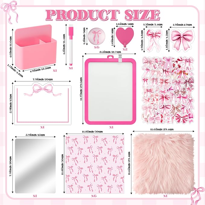 BeYumi Pink Locker Accessories Kit - Back to School Pink Bow Locker Organizer Decoration Supplies for Girls Magnetic Wallpaper Pen Holder Whiteboard Marker Mirror Magnets Rug Classroom Accessories Kit