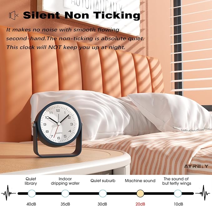 AYRELY® 3.5" Small Analog Travel Alarm Clock, Battery Operated Desk Clock | Cute Table Clock with Light, Adjustable Angle, Bedside, Bedrooms, Kids' Rooms and Living Room Decor (Navy Blue)