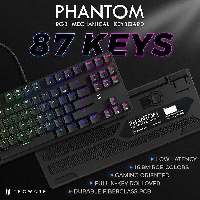 TECWARE Phantom 87 Key RGB Mechanical Gaming Keyboard | Outemu Red Switch | 16.8M Color LED Lighting | 18 Pre-Set | Low Latency | N-Key Rollover | Software Customizable Keys | Wired USB Connection