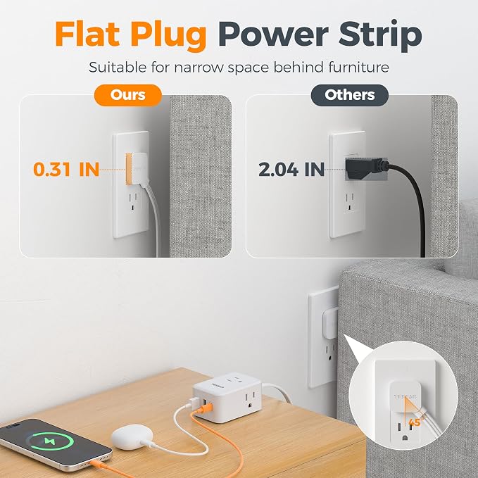 TESSAN Small Flat Plug Power Strip, Ultra Thin Extension Cord 5 ft, 3 AC Outlets with 3 USB Ports (1 USB C), Multiple Wall Outlet Extender for Cruise Travel Office School Dorm Room Essentials, White
