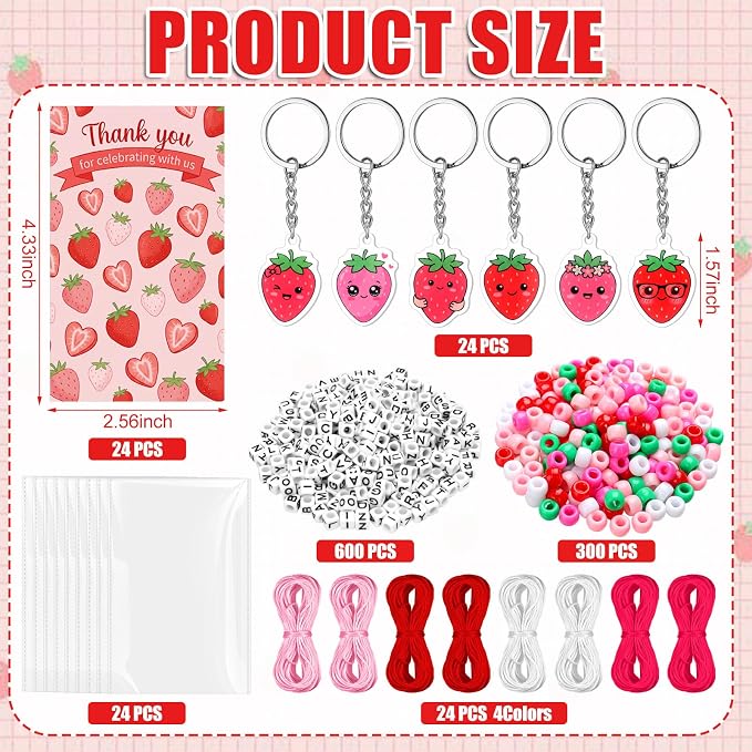 Suncalla 996 Pcs 24 Set Strawberry Keychain Making Kit DIY Summer Key Chain Crafts Bead Adjustable Letter Beads Cards Strings Kit Gift Backpack Accessories First Birthday Party Favors
