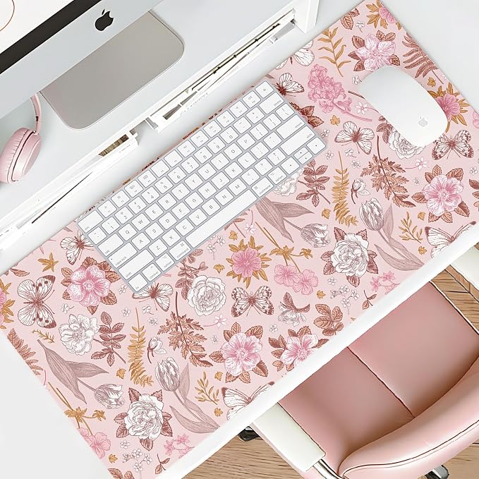 Mouse Pad Leather Desk Mat Large Keyboard Cute Office Desktop Computer Laptop XXL Long Big Aesthetic Modern Design Women Girls Gaming Gamer Oversized Wide Mousepad 31.5"x15.7", Pink Floral