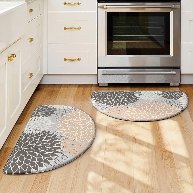 KIMODE Half Circle Kitchen Mats for Floor Cushioned Anti Fatigue 2PCS Semi | 28"x18"+28"x18",Half Round,Pink,Boho Kitchen Rug Sets of 2,Non Slip,Waterproof,Padded Kitchen Carpet Decor for Sink Laundry