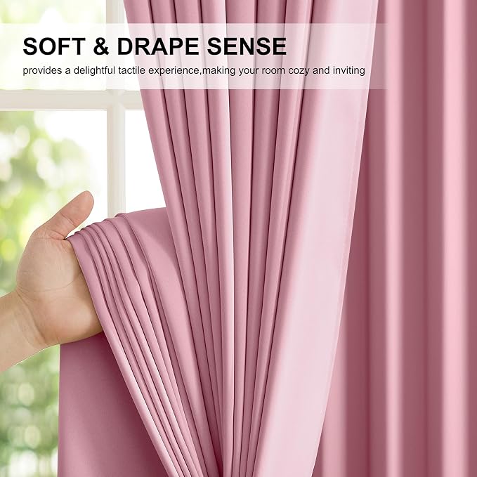NICETOWN Crystal Pink Blackout Curtains for Girls Bedroom, 52x84 Inches 2 Panels Energy Efficient Thermal Insulated Drapes, Rod Pocket Black Lined Window Treatment, Double Layer Shading