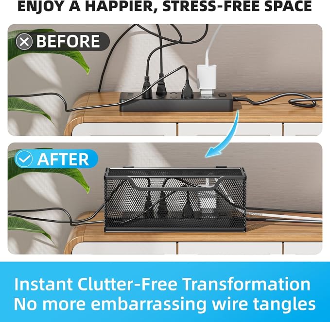 Marbrasse 3 Pack Cable Management Box, Metal Mesh Cord Organizer Box for TV Wires, Electrical Hiding, Power Strip – Under Desk Cable Storage Box with Cable Clips&Reusable Cable Ties for Home/Office