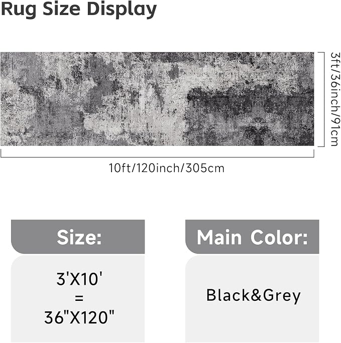 Abstract 3x10 Washable Runner Rug: Indoor Modren Kitchen Carpet with Non-Slip Backing Ultra Thin Low Pile Foldable Rugs Stain Resistant Durable Floor Mat for Bathroom Hallway Laundry 3X10 BlackW