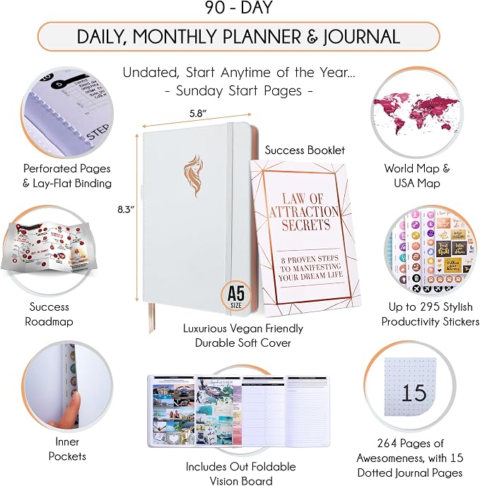 90-Day Goal Planner with Daily Journal, Gratitude & Habit Tracker | Daily Planner, Productivity, Time blocking, Manifestation & Affirmations with Vision Board, Gratitude Journal for Women & Men