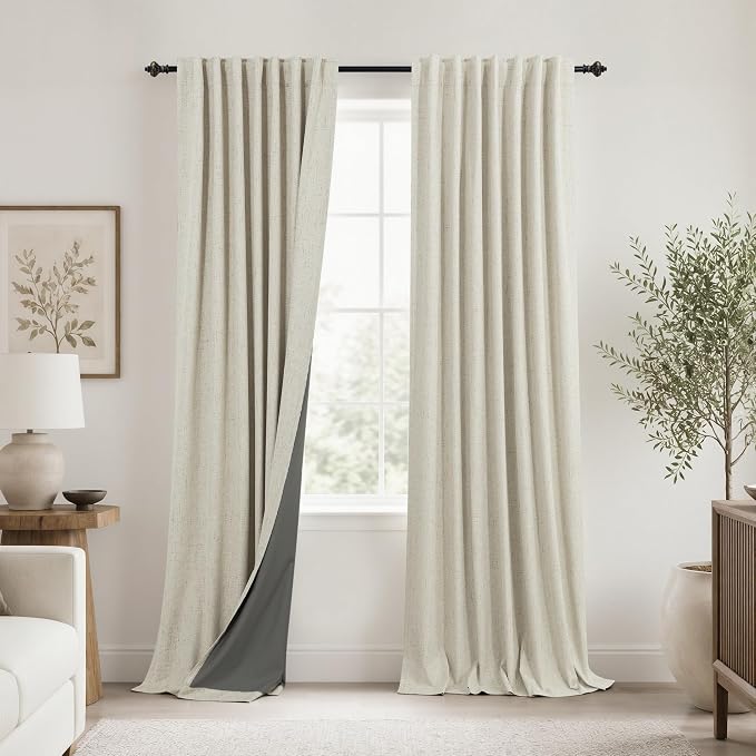 KOUFALL Cream Linen Blackout Curtains 84 Inch Long, Thermal Insulated Heat Blocking Boho Black Out Darkening Oatmeal Curtains Drapes for Bedroom Living Room, 2 Panel Set