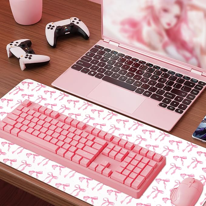 2 Pcs Bow Makeup Mat, Dual-Sided Leather Desk Pad, Waterproof Bow Makeup Table Cover for Vanity Top Protector Countertop Decor, Gifts for Women Home